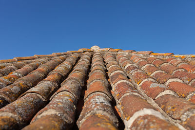 Low angle view of roof and building against blue sky