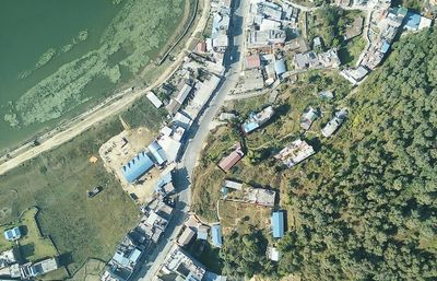 Aerial view of town by sea