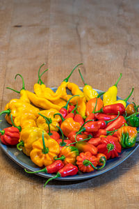 Close-up of chili peppers on table
