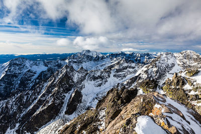 Panoramic view of snowcapped mountains against sky