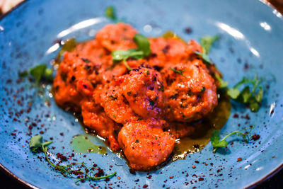 High angle view of seafood in plate on table