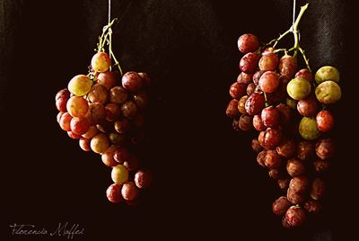 Close-up of grapes hanging over black background