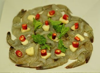 High angle view of food served in plate on table