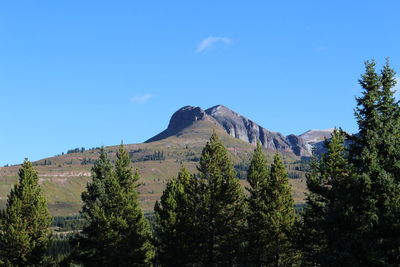 Scenic view of mountains against clear blue sky