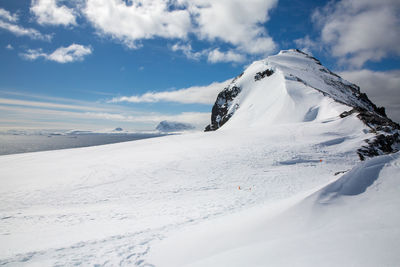 Snow covered landscape against sky