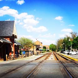 Railroad tracks amidst trees against sky