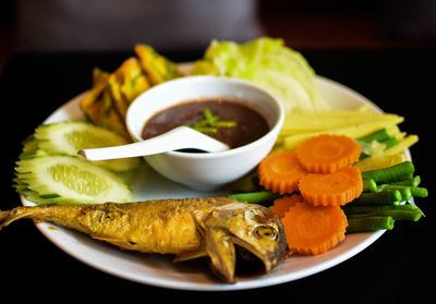 Close-up of seafood served in plate