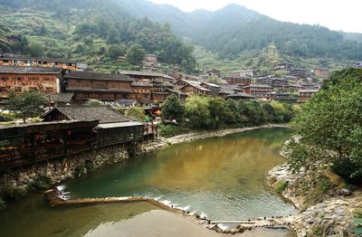 High angle view of buildings in background