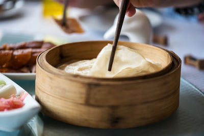 Close-up of ice cream in bowl on table