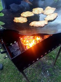 High angle view of barbecue grill