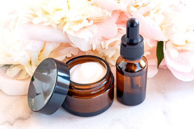 Close-up of beauty products on table