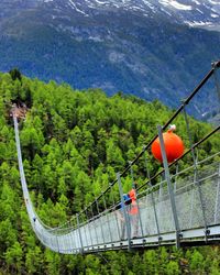 Man walking on the longest suspended bridge in the world