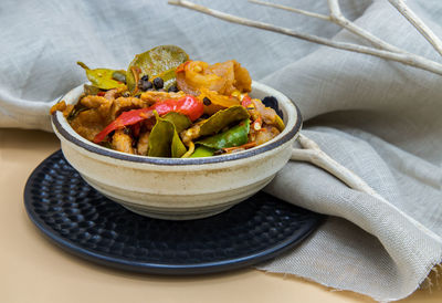 High angle view of vegetables in bowl on table