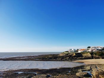 Scenic view of sea against clear blue sky