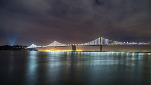 Illuminated suspension bridge at night