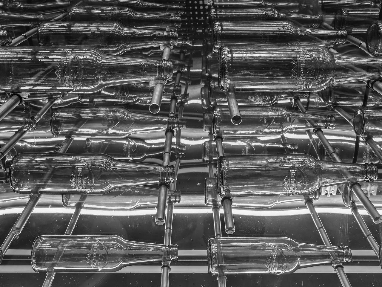 full frame, backgrounds, black and white, no people, monochrome, metal, iron, pattern, monochrome photography, line, day, black, large group of objects, repetition, scaffolding, abundance, outdoors, high angle view