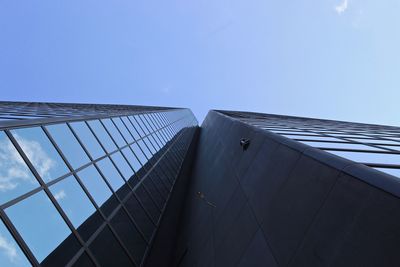 Low angle view of modern building against clear blue sky