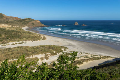 Scenic view of sea against clear blue sky