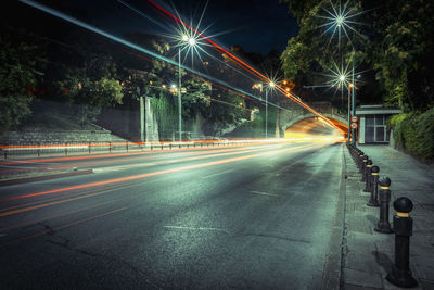 Light trails on road at night