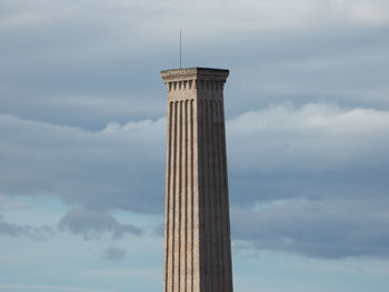 Low angle view of tower against cloudy sky