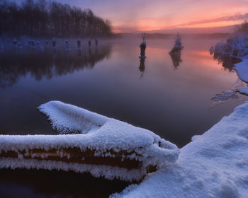 Scenic view of lake against sky during winter