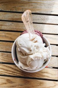 Directly above shot of ice cream on wooden table