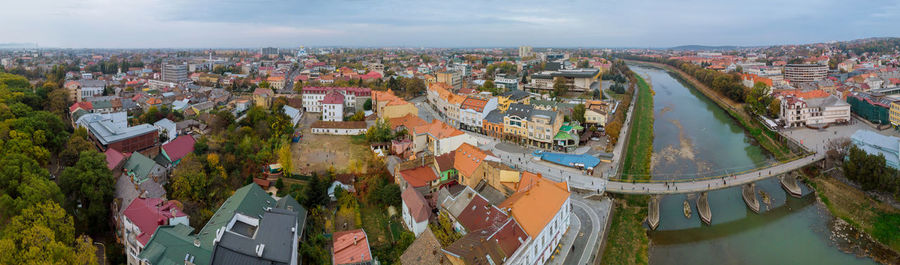 High angle view of townscape against sky in city