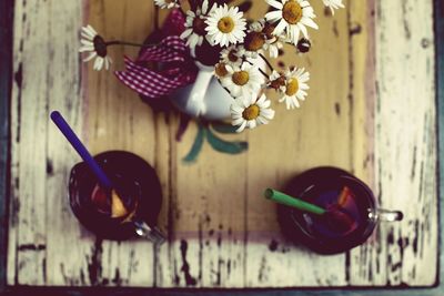 High angle view of flowers on table