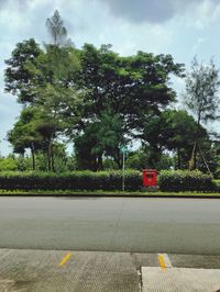 Street by trees against sky in city