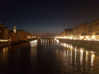 Illuminated buildings by river against sky at night