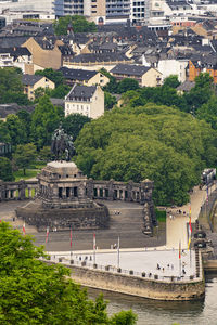 View on koblenz and deutsches eck. where the rhine and mosel rivers meet.