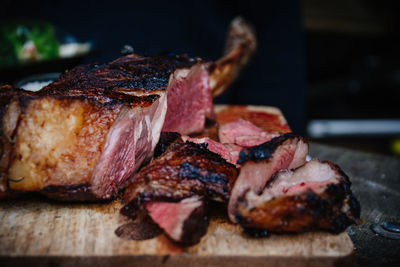Close-up of meat on barbecue grill