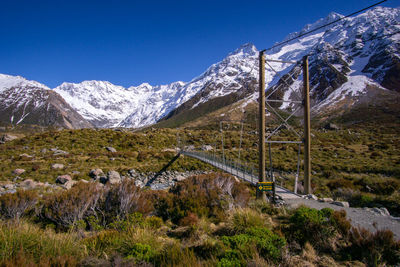 Scenic view of snowcapped mountains against clear sky