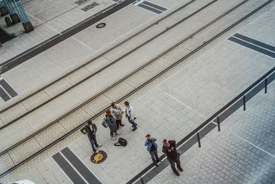 High angle view of people walking on steps