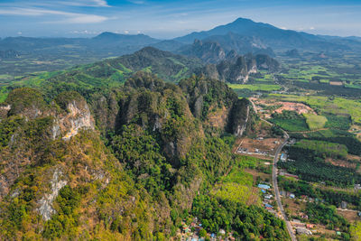 High angle view of trees on landscape against sky