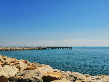 Scenic view of sea against clear blue sky