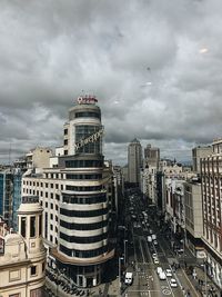 High angle view of buildings against cloudy sky
