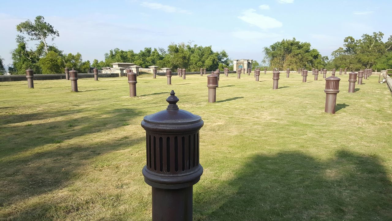 grass, tree, field, sky, grassy, fence, green color, tranquility, metal, park - man made space, landscape, day, protection, tranquil scene, outdoors, nature, growth, no people, sunlight, safety