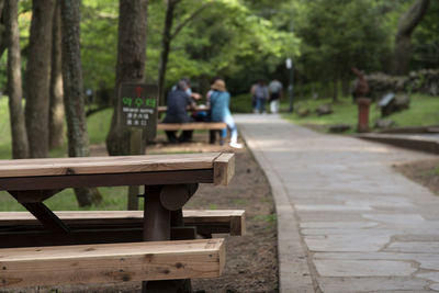 Empty wooden benches by footpath at jeju jeolmul natural recreation forest