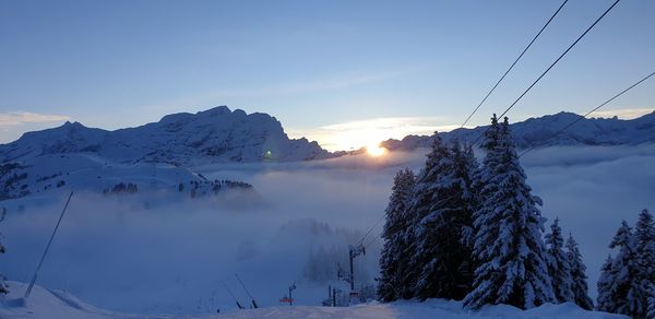 Scenic view of snow covered mountains against sky