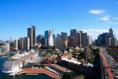 City and sea against blue sky