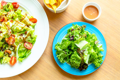 High angle view of meal served on table