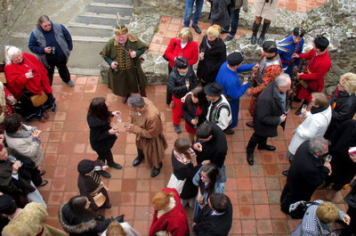 High angle view of people standing outdoors