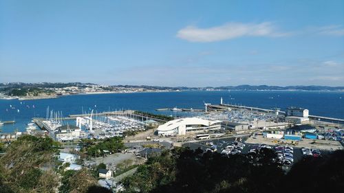 High angle view of city at waterfront