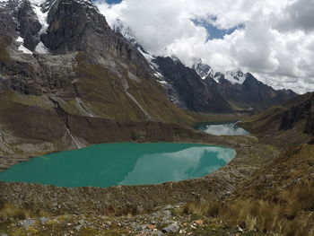 Scenic view of lake and mountains against sky