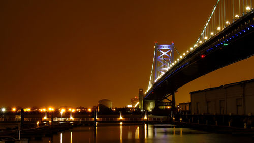 Illuminated walt whitman bridge over delaware river at night