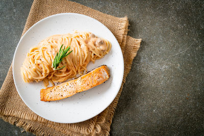 High angle view of food in plate on table