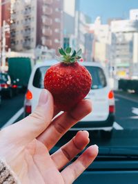 Close-up of hand holding strawberries