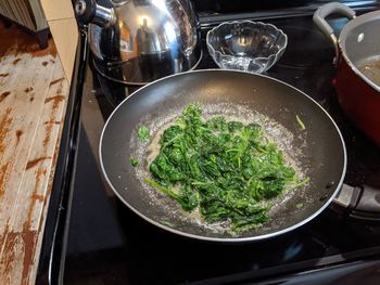 High angle view of vegetables in cooking pan