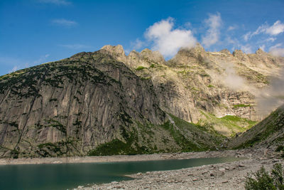 Mountains around the gelmer lake on a cloudy day.